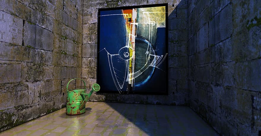lukisan, seni, penyiram, tertangkap, penjara bawah tanah, ruang bawah tanah, penjara, pembebasan, lukisan dinding, gambar, abstrak