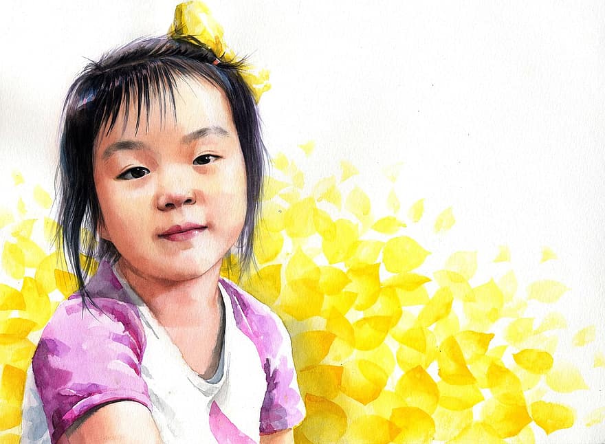 Watercolor Portrait, Watercolor, Art, Works, Asian, Figure, Portraits, Children's
