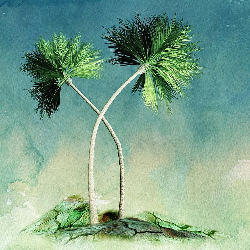 palm, trær, ferie, vår, vannfarge, Strand, øy, tropisk, sand, hav, eksotisk