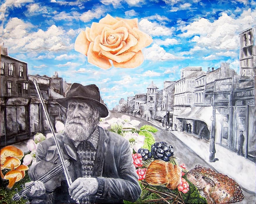 bức vẽ, nguyên, nghệ thuật, họa sĩ, ba hoa, đường phố, ông già, đàn vi ô lông, con ếch, bông hoa, bầu trời