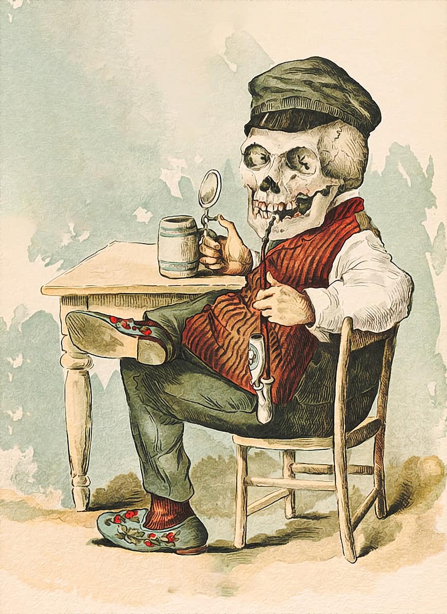 Skeleton, Skull, Death, Dead, Bones, Human, Smoking, Smoker, Pipe, Hat, Drink