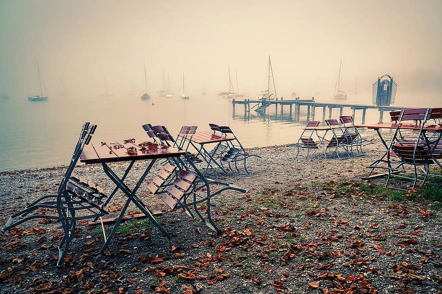 cădea, ceaţă, lac, malul râului, plajă, cafenea, Barci cu panza, masa, scaune, frunze