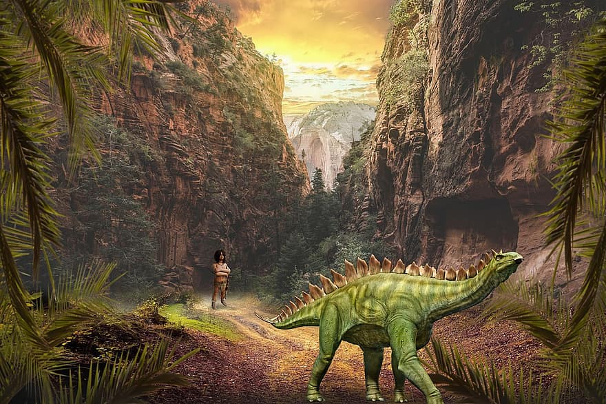 fondo, montañas, Valle, dinosaurio, hombre de las cavernas, fantasía, arte digital, hombres, ilustración, reptil, extinto