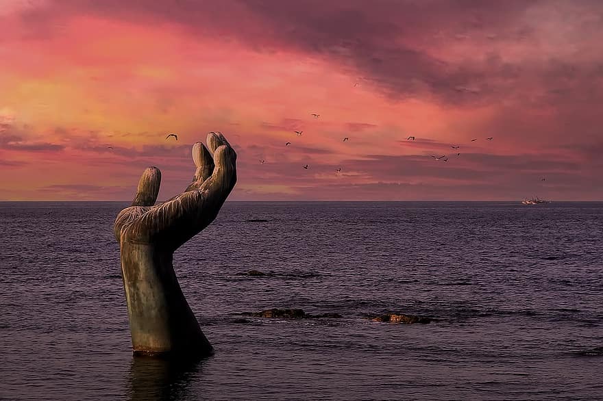 скулптура, статуя, ръка, ръцете да живеят заедно, homigot, Поханг, море, Корея, Република Корея, пейзаж, залез