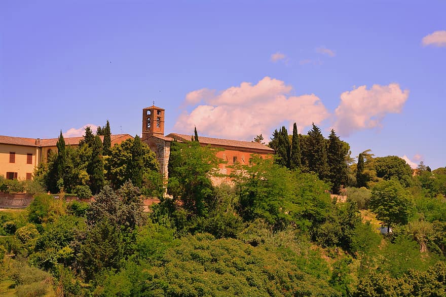 лес, церковь, деревья, зеленый, облака, небо, Colle Di Val D'elsa, Тоскана, Италия, туризм