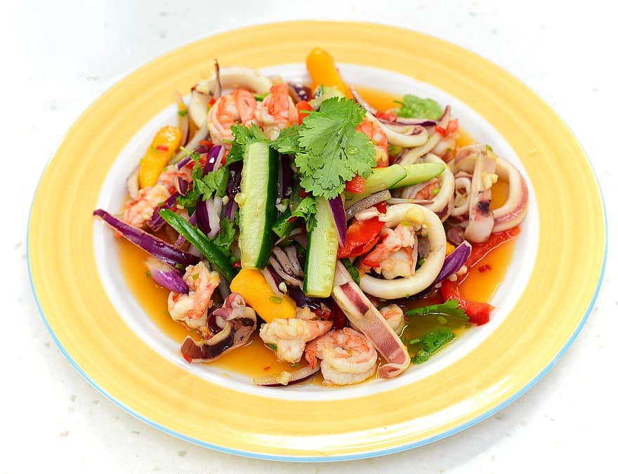 salata, Deniz ürünleri, Gıda, Thai yemeği, karides, salatalık, Mango, Limon, Sos, tabak, yemek