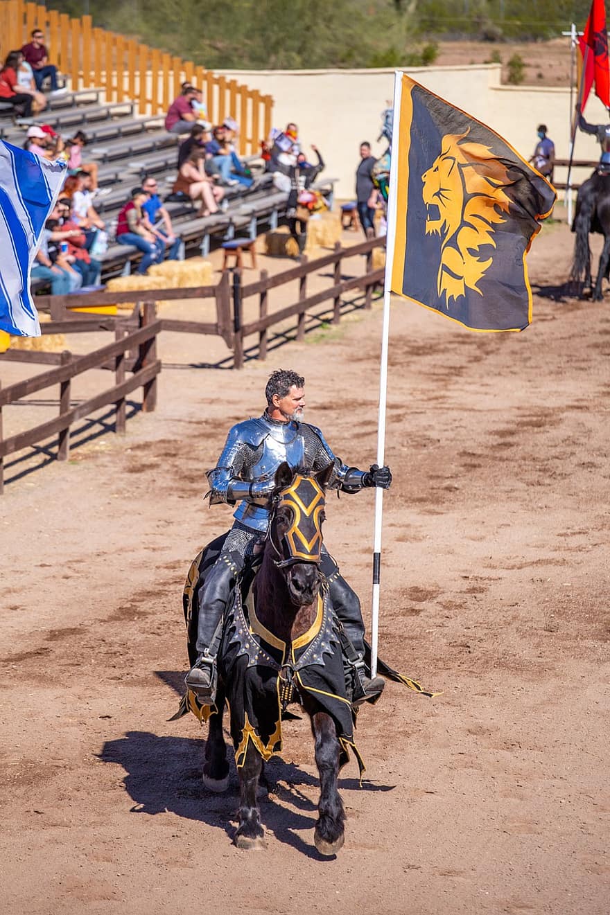 rytíř, bojovník, zbroj, středověký, kůň, vlajka, sport, soutěž, muži, sportovní závod, jezdectví