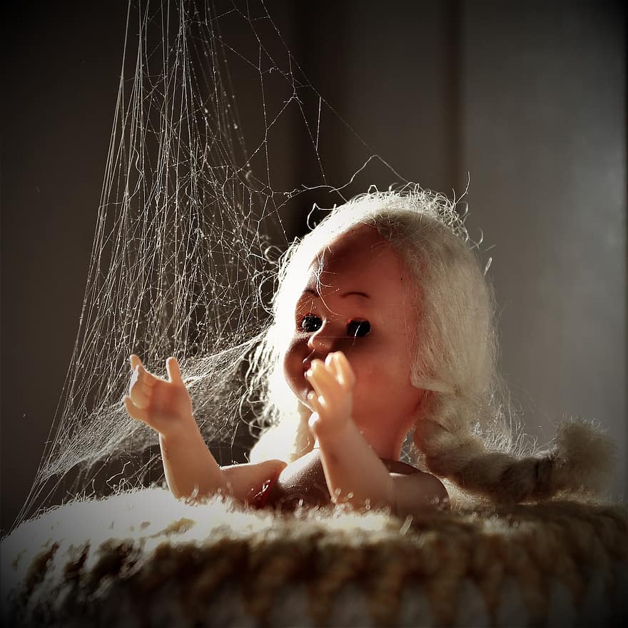 boneca, teias de aranha, velho, brinquedo, rede, teia de aranha, fofa, criança, uma pessoa, bebê, dia das Bruxas