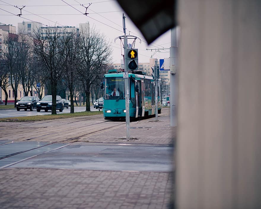 spårvagn, gata, stad, sluta, transport, Vitryssland, arkitektur