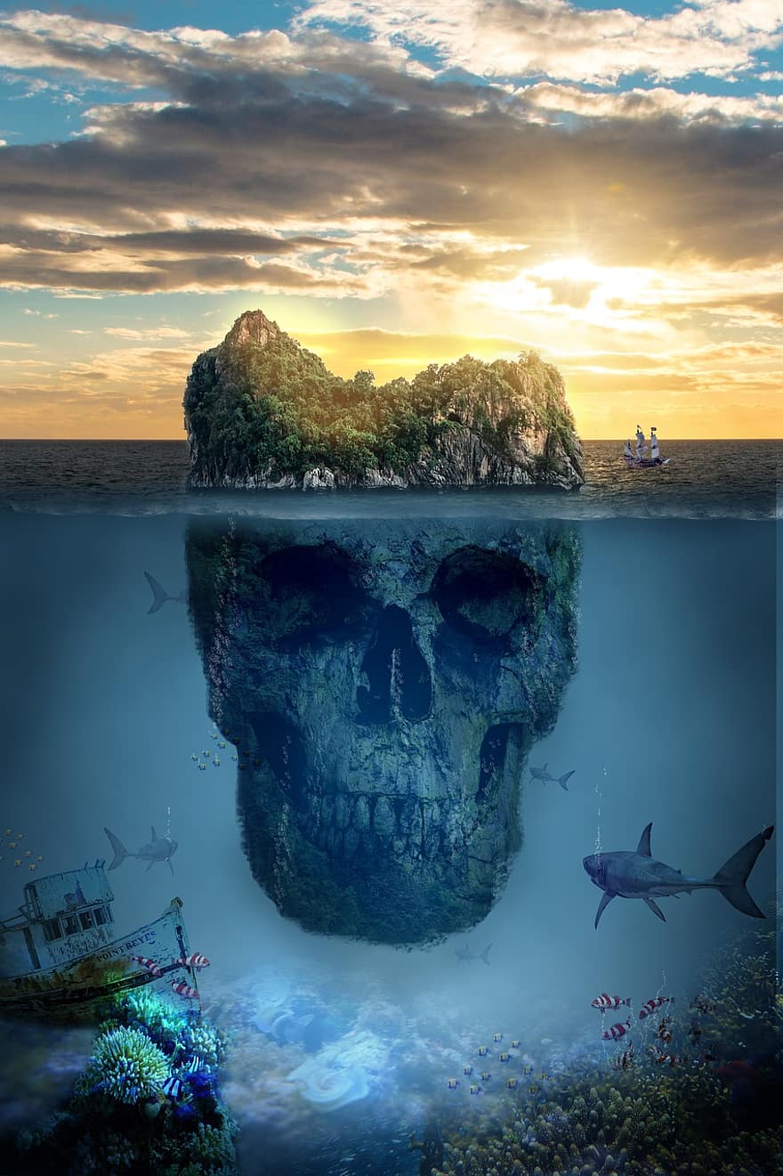 schedel, eiland, fantasie, zon, zonlicht, wolken, onderwater-, water, zee, oceaan, droom