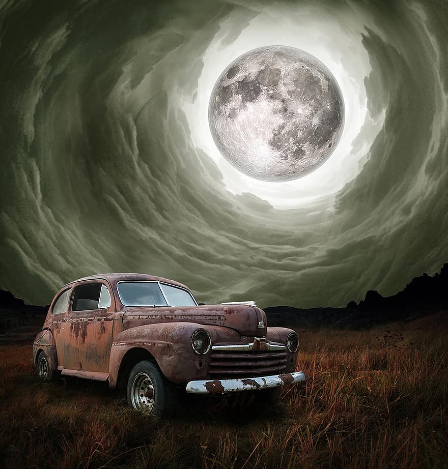 achtergrond, auto, maan