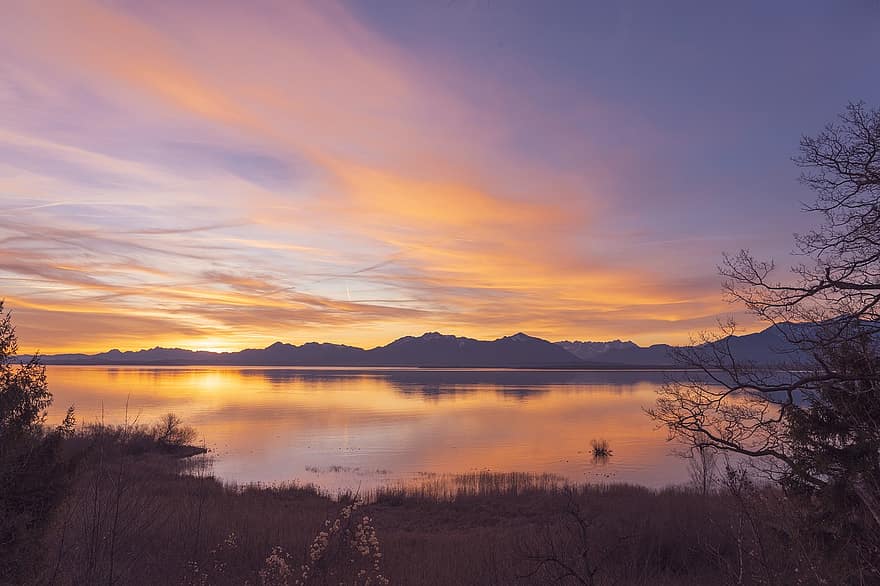 Lake, Mountains, Nature, Clouds, Dusk, Scenic, Outdoors, Sunset, Chiemsee, landscape, water