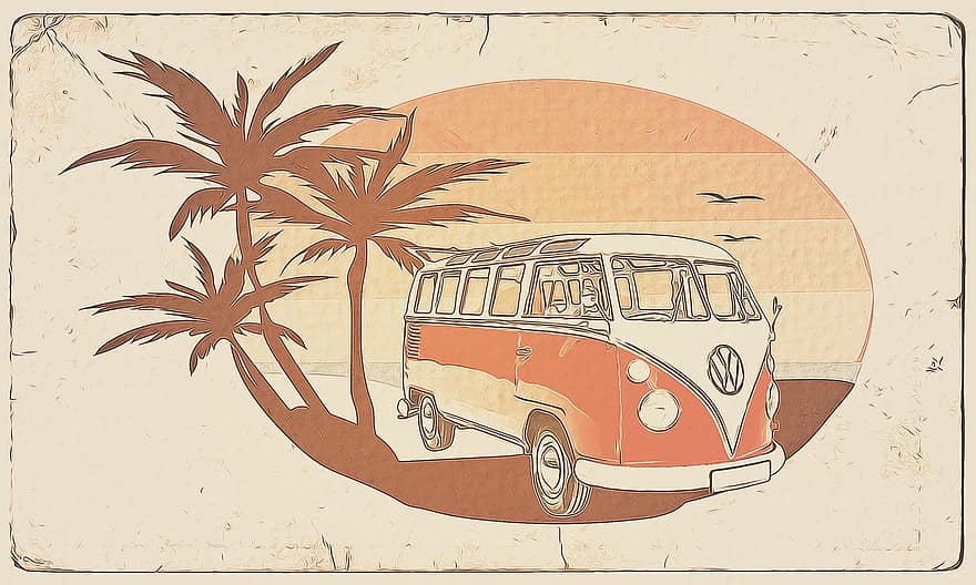 VW Bully, фольксваген, открытка, автомобиль, каникулы, солнце, пляж, плакат