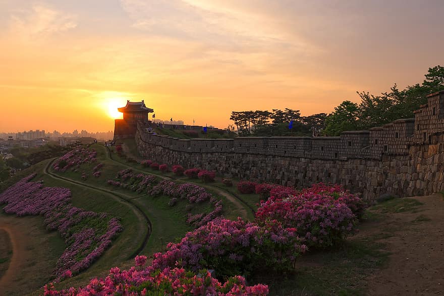 طبيعة ، السفر ، غروب الشمس ، في الهواء الطلق ، استكشاف ، قلعة Suwon Hwaseong ، توهج ، شمال شرق بورو ، سوون ، هندسة معمارية ، مكان مشهور