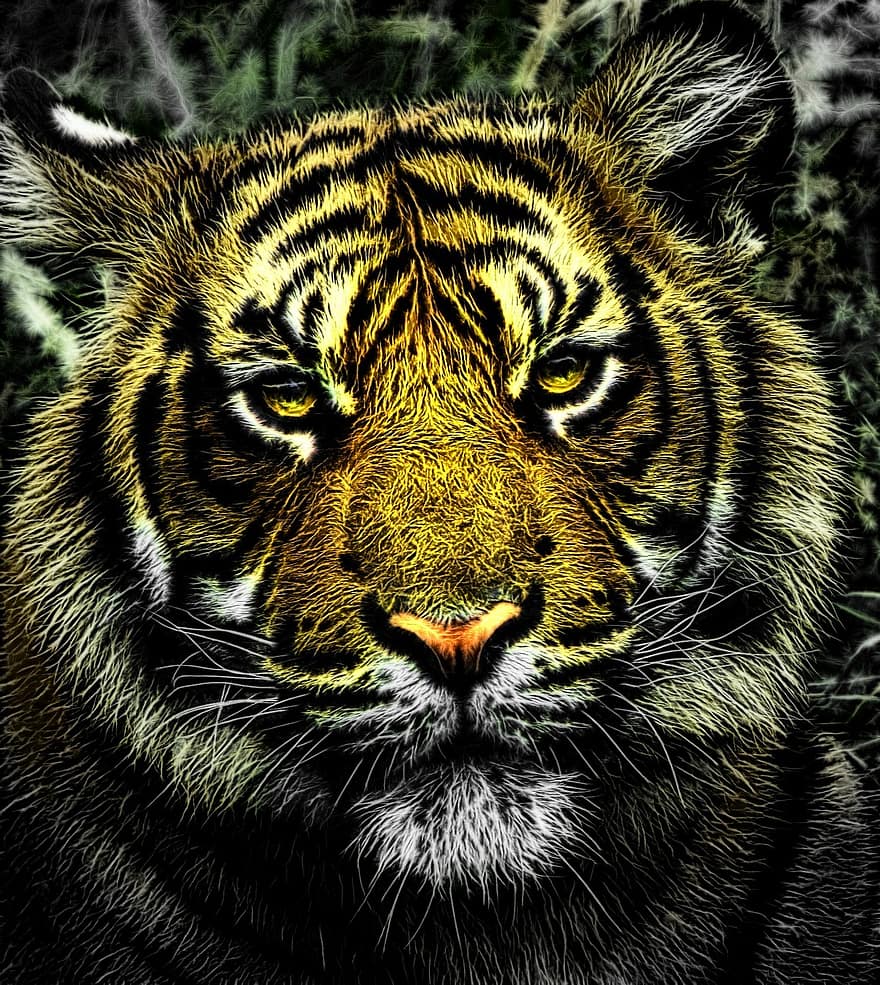 Tiger, Head, Portrait, Digital Art, Cat's Eyes, Cat, Nature, Beauty, Graphic, Graphical, Design