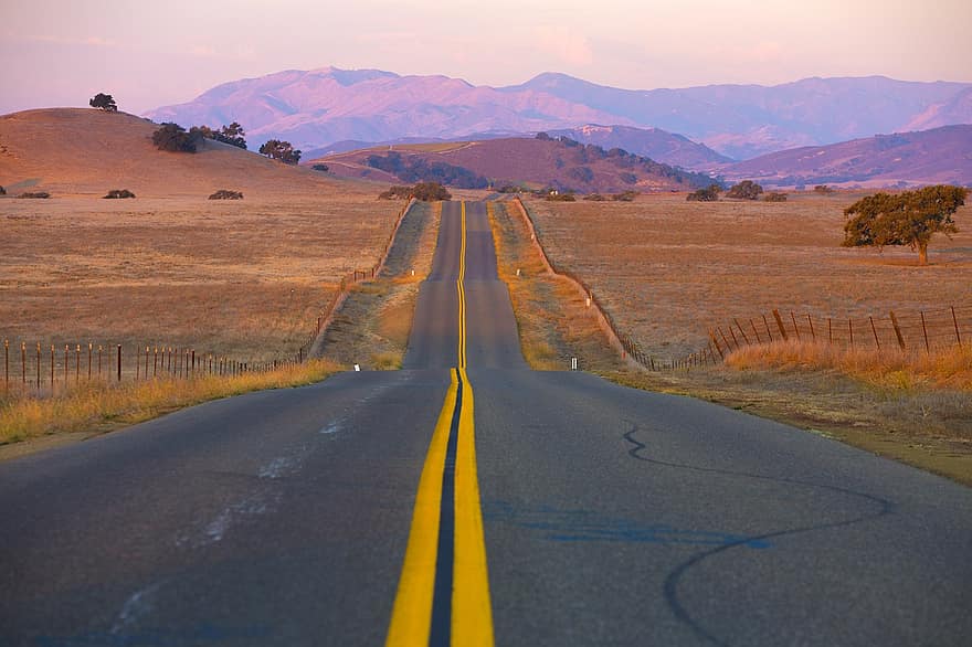 puesta de sol, la carretera, Desierto, naturaleza, montañas, California, Estados Unidos de America, asfalto