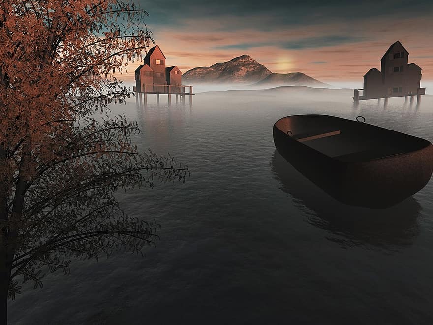озеро, човен, туман, вранці, води, гребний човен, настрій, природи, дозвілля
