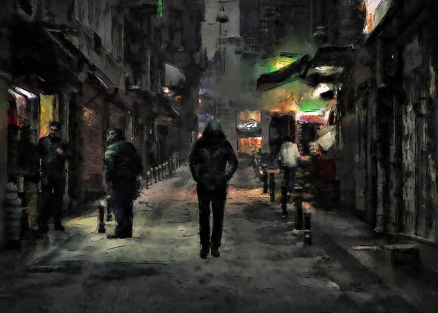 sozinho, caminhando, noite, pessoas, cidade, rua, solitário, desconhecido, sombrio, neve, homem
