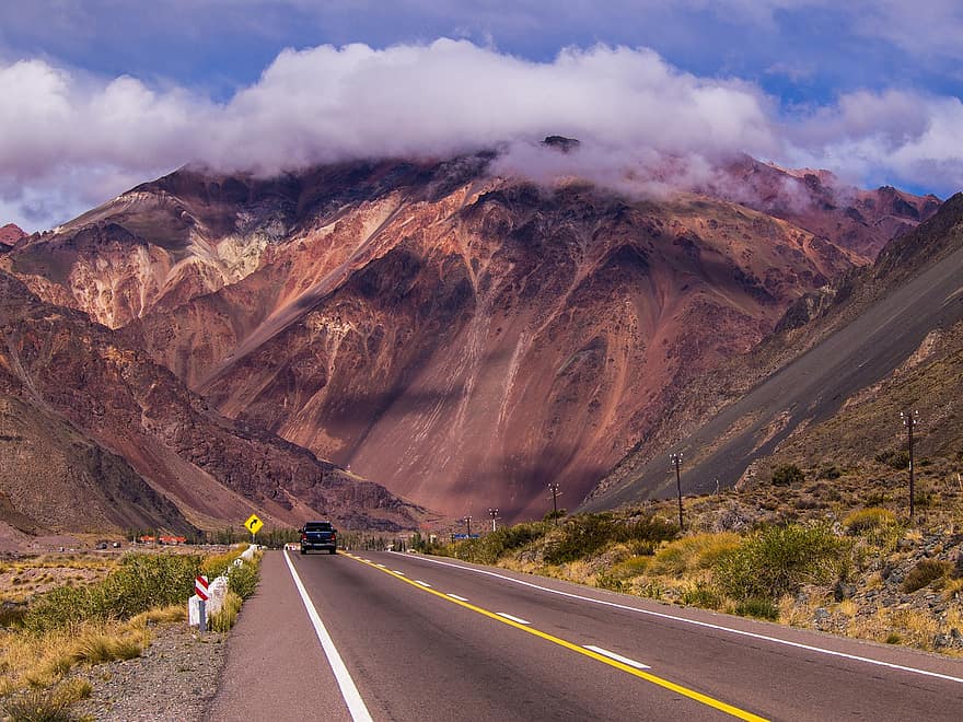 montañas, la carretera, coche, vehículo, conducir, viaje, Desierto, páramos, nubes, montañoso, paisaje de montaña