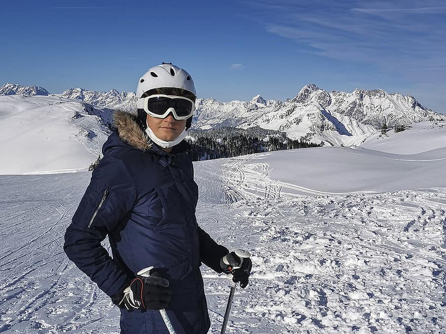 zimowy, przygoda, narciarz, góry, portret, okulary, gogle narciarskie, śnieg, Góra, sport, Sporty ekstremalne