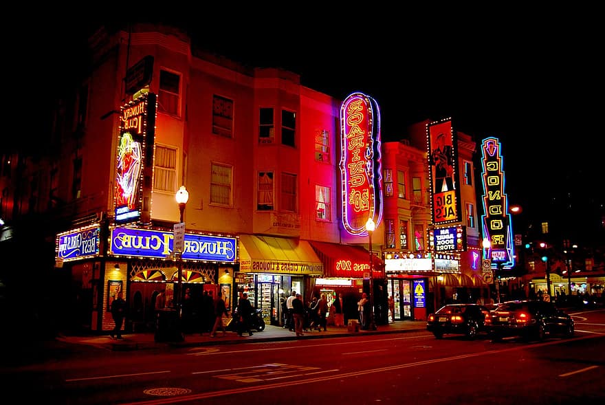 San Fransisco, natt, neon, årgang, fargerik, vice, uteliv, belyst, byliv, berømt sted, skilt