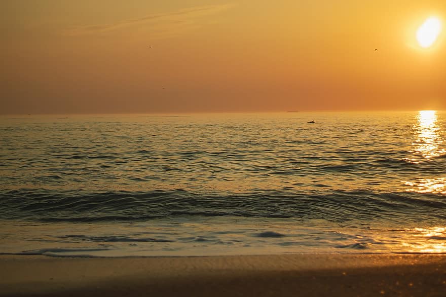 Восход, солнце, пляж, море, океан, волна, горизонт, небо, Солнечный лучик, рассвет, берег