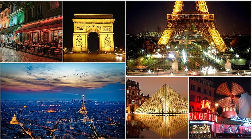 Paris, colagem, França, cidade, viagem, montagem, paisagem urbana, turismo, período de férias, skyline