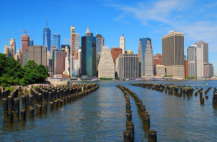 море, город, Манхеттен, здания, волнолом, океан, залив, воды, небоскребы, линия горизонта, в центре города