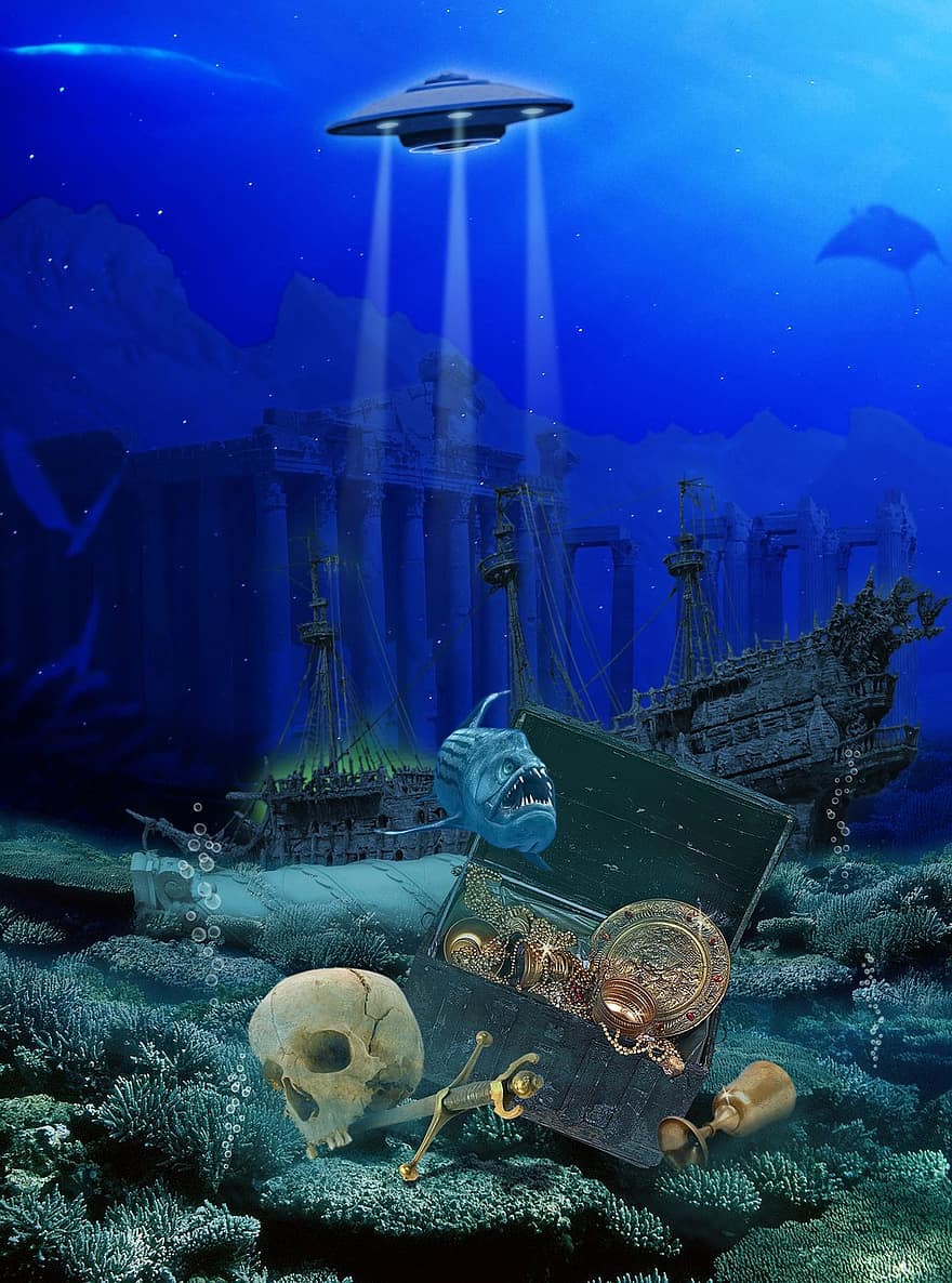 oceà, Objecte alienígena, sota l'aigua, món submarí, raigs, aigua, blau, ombra, mar clar, llum, tresor