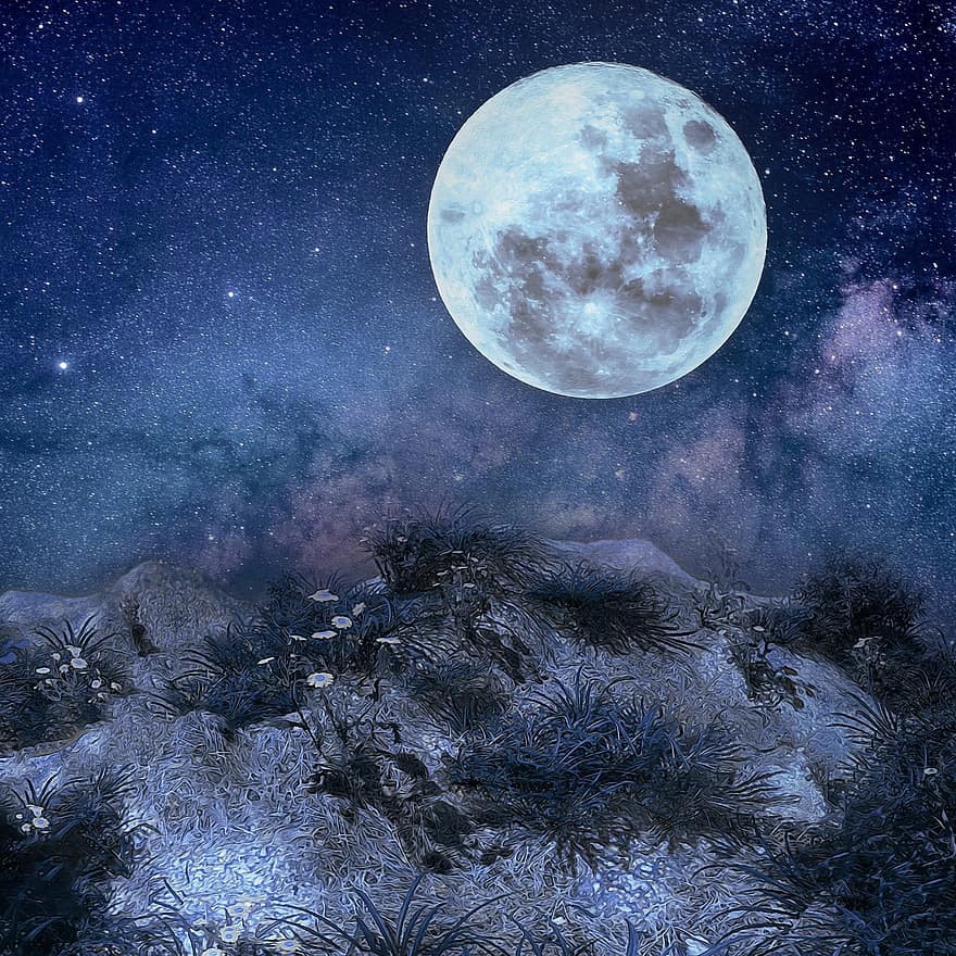 Mond, Vollmond, Nacht-, Landschaft, Hügel, Sterne, Nachtzeit
