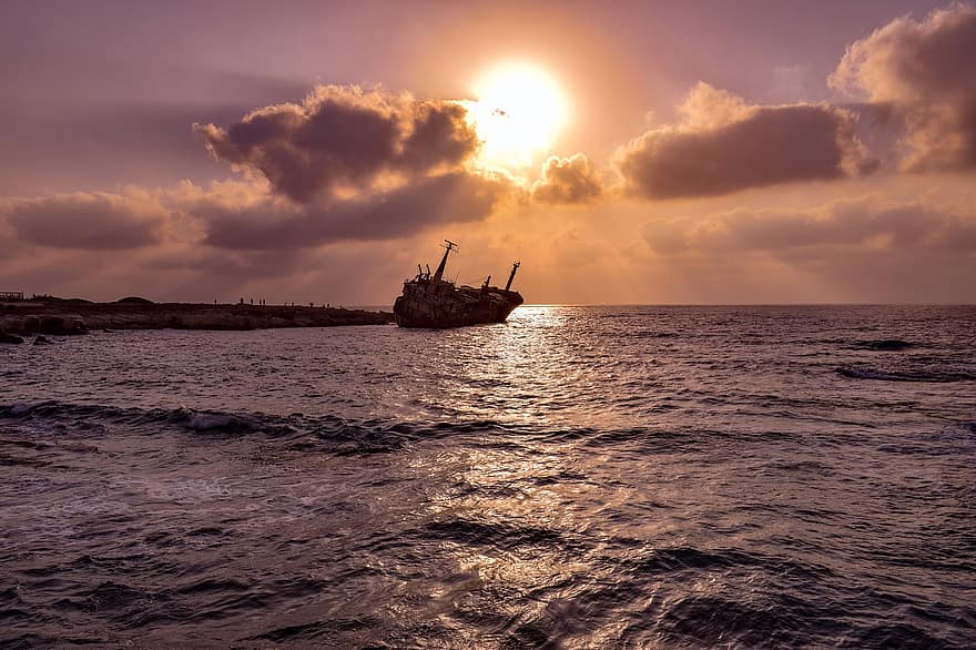 mer, le coucher du soleil, navire