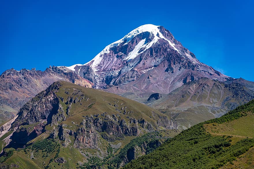 montanhas, pico, neve, cimeira, cadeia de montanhas, panorama, natureza, cenário, cênico, monte kazbek, kazbek