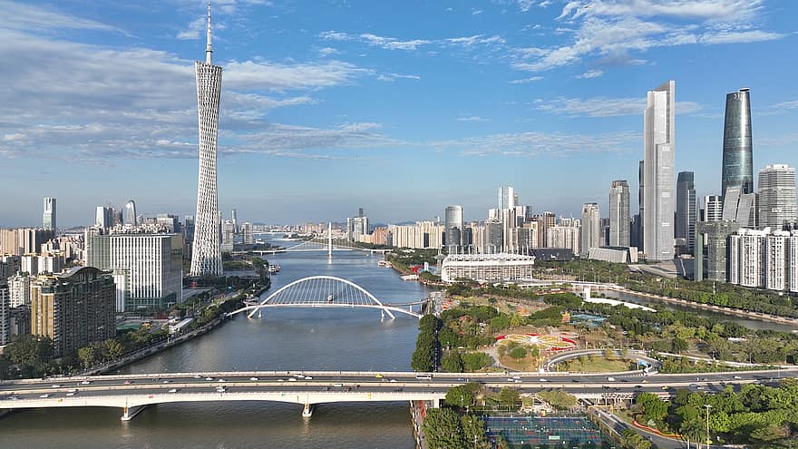 мост, река, сгради, градски, град, Гуанджоу, градски пейзаж, небостъргач, известното място, архитектура, градски силует