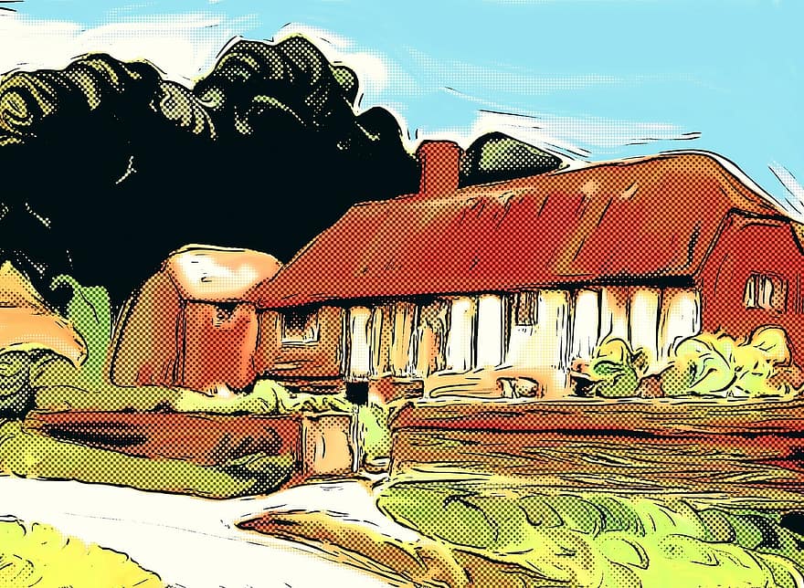 casa de camp, edifici, semitè, dibuixos animats, país, rural, paisatge, escena, escènic, poble, casa