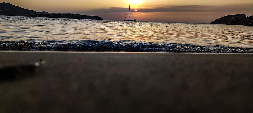 posta de sol, mar, Costa, vaixell, vela, silueta, onada, aigua, platja, sorra, Riba