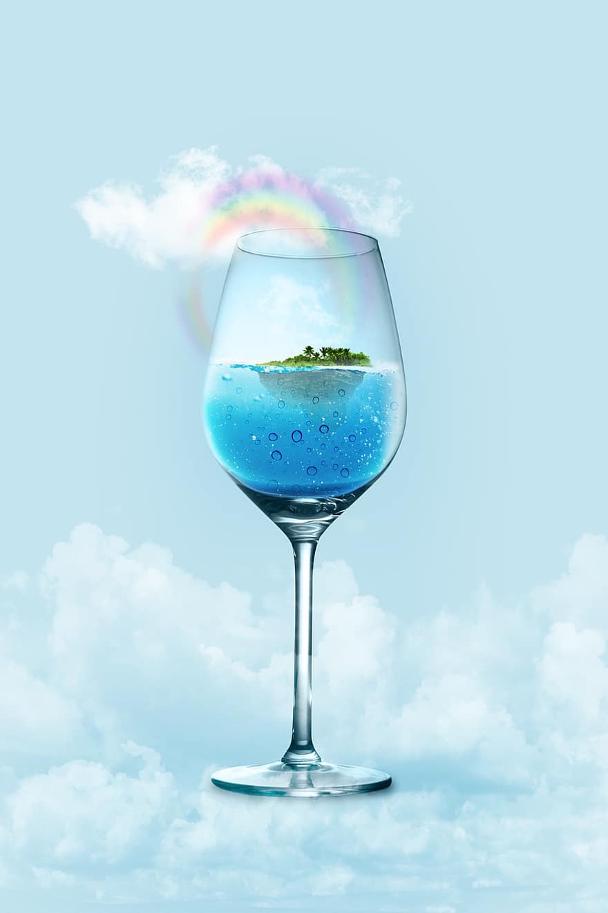 vinglas, glas, vand, ferier, ø, blåvin, blåt glas, blå briller