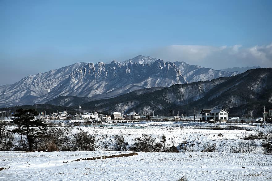 χωριό, βουνά, χιόνι, σπίτια, χειμώνας, οροσειρά, τοπίο, Χώρα, mt seoraksan, sokcho