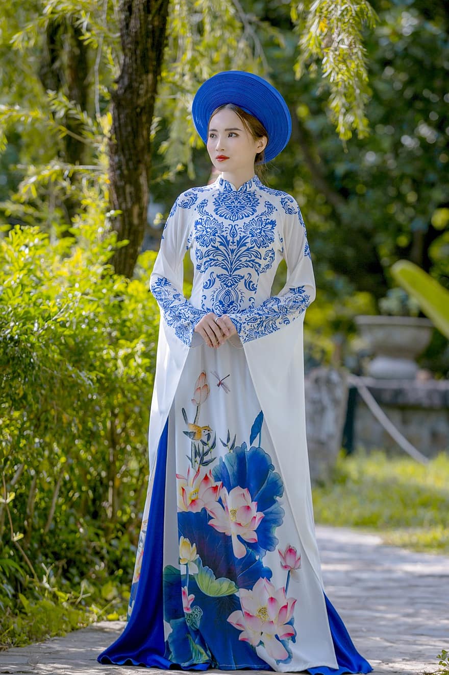 ao dai, mode, kvinna, Vietnam National Dress, hatt, klänning, traditionell, flicka, Söt, pose, modell