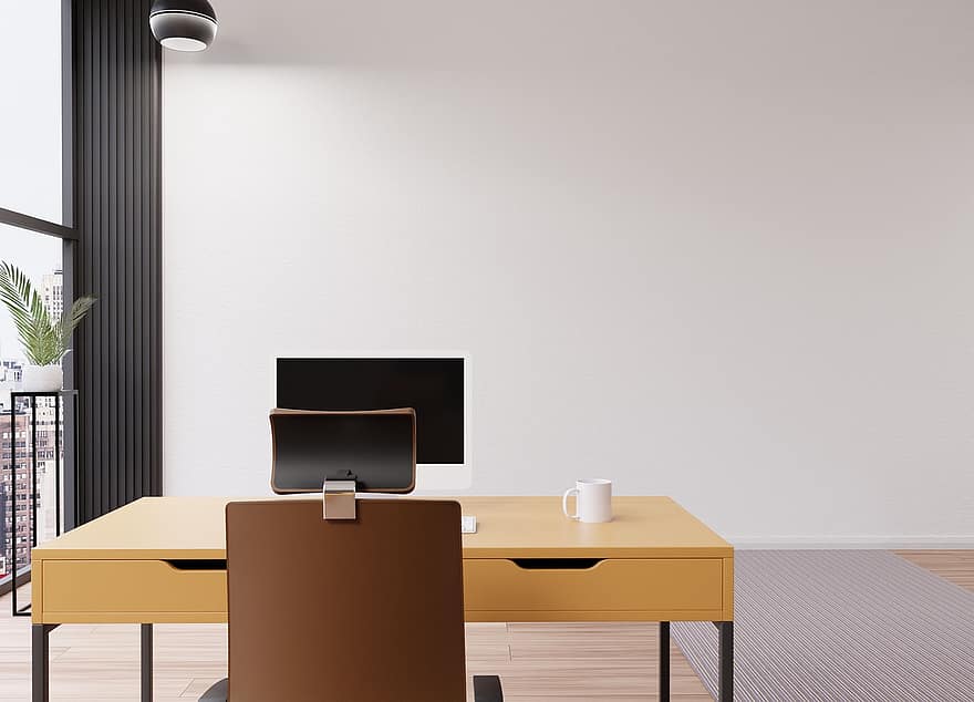 oficina, disseny d'interiors, minimalista, paret en blanc, art mural, espai d'oficina, lloc de treball
