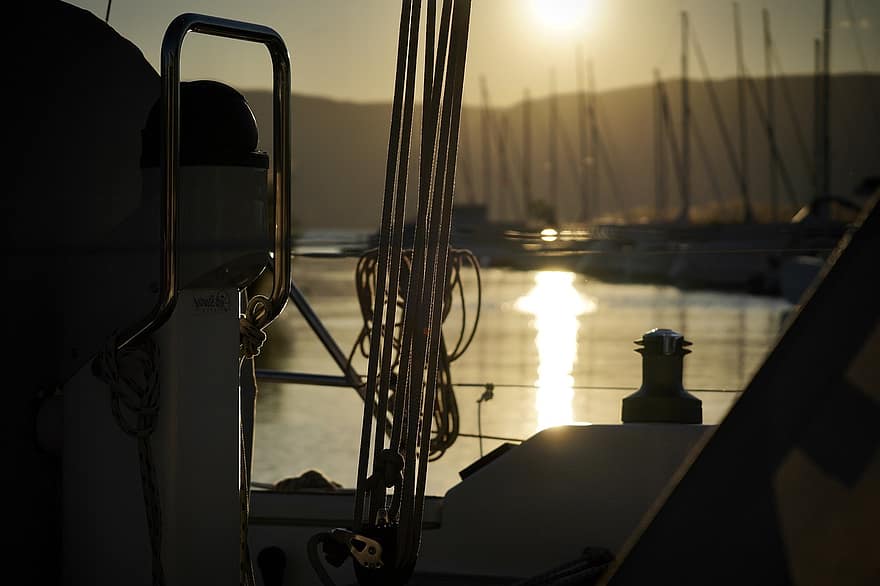 navire, voile, bateau, le coucher du soleil, eau, réflexion, lac de neuchâtel, Suisse