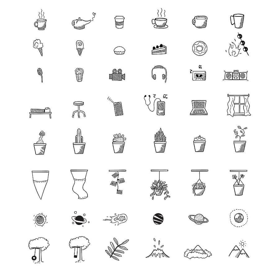 Symbole, Objekte, Sammlung, Pflanzen, Planeten, Baum, Berg, Vulkan, Lebensmittel, Zitrone, heiß