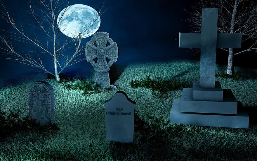 kuburan, batu nisan, kuburan tua, pohon, halloween, beristirahat