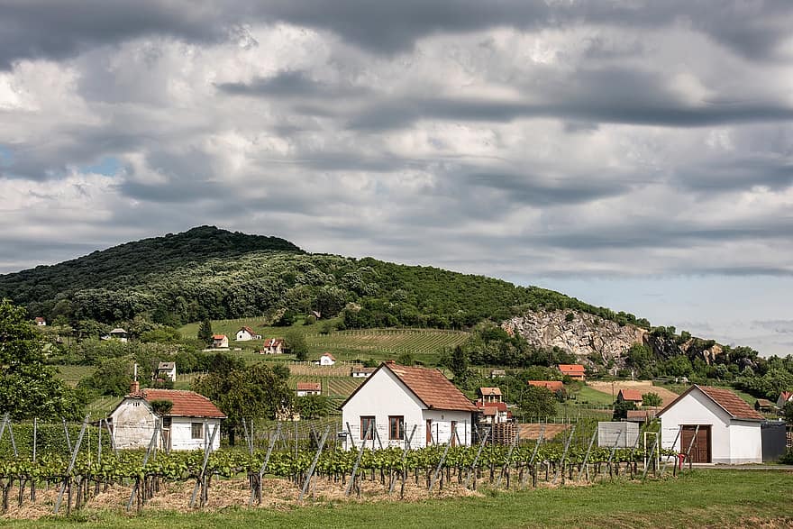 село, Унгария, планина, пейзаж, природа, Бараня, винарски район, селски пейзаж, облачен ден, облаци, селска сцена