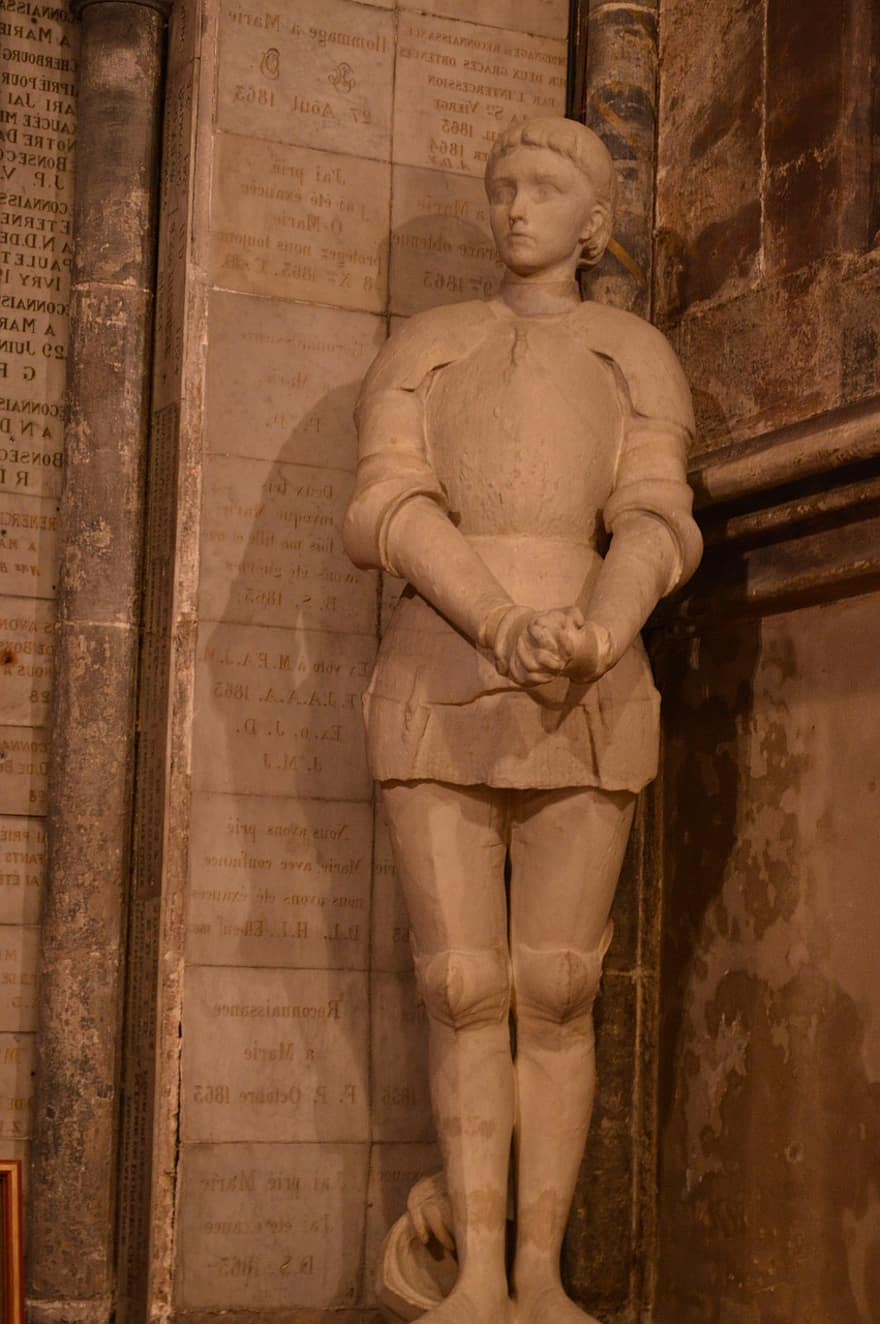 statua, giovane, ragazza, Giovanna d'Arco, mani, relazionato, armatura, combattente, scultura, casco, Chiesa