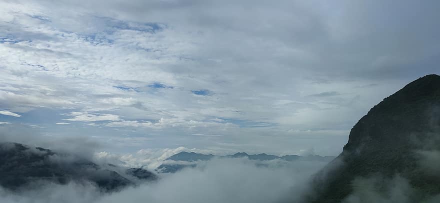 облаци, планини, сутрешна мъгла, мъгла, небе
