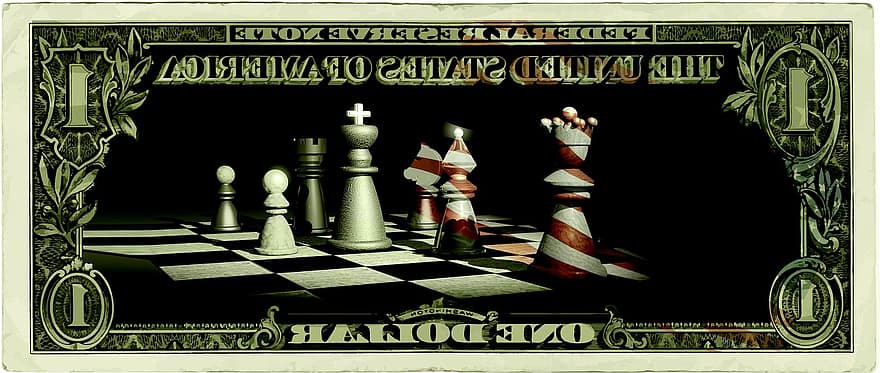 Verenigde Staten van Amerika, dollar, voorwerp, schaak, schaakspel, spelen, strategie, wereldmacht, uitbreiding, verspreiding, rijkdom
