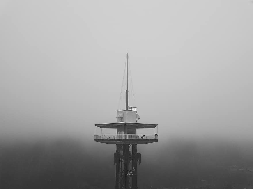 agulla espacial, torre, boira, blanc i negre, núvols, cel, humor, referència, Seattle, Washington, Estats Units