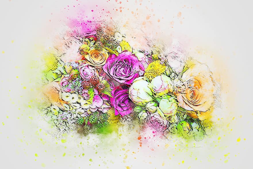 Çiçekler, buket, Sanat, doğa, soyut, suluboya, düğün, bağbozumu, bahar, romantik, artistik
