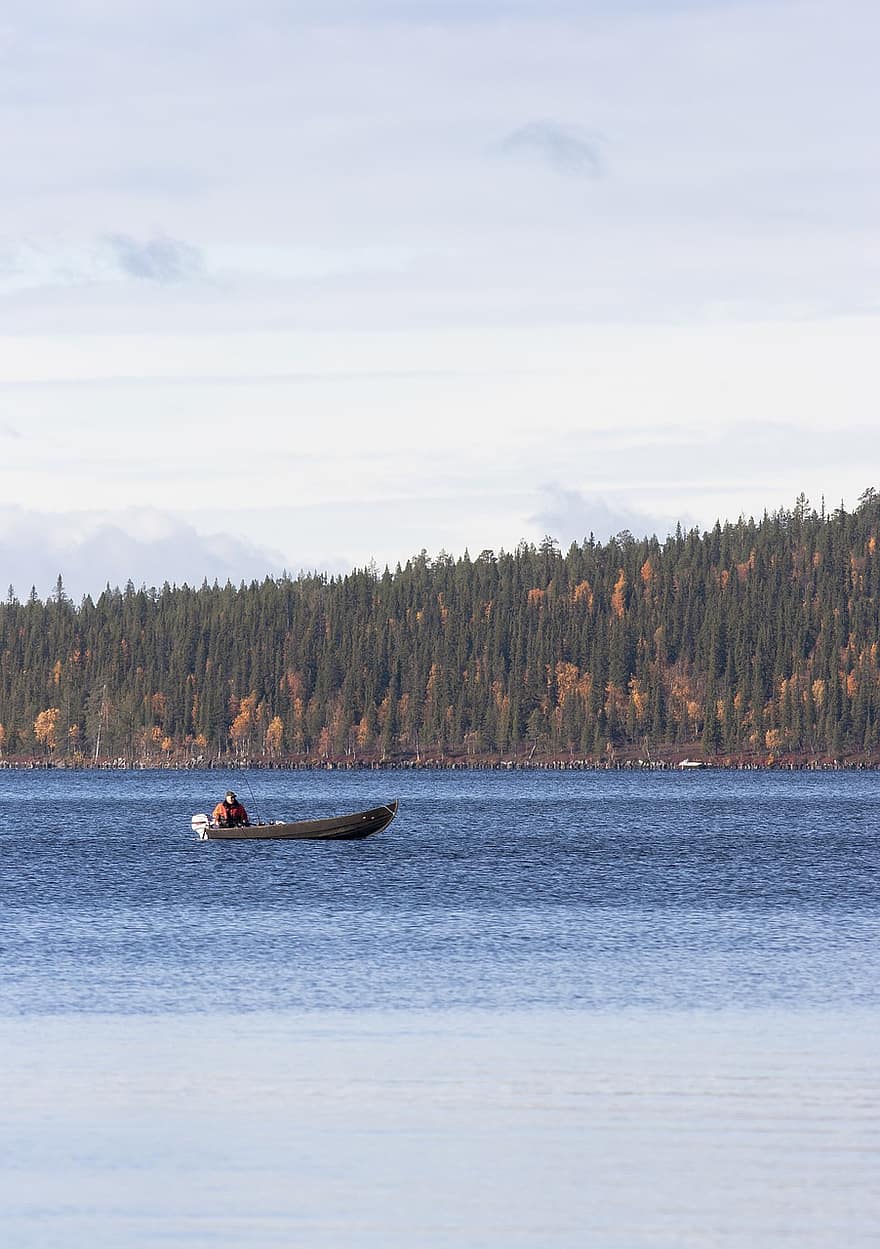 rybář, loď, jezero, les, přívěsný motor, podzim, Laponsko, Finsko, Příroda, voda, námořní plavidlo