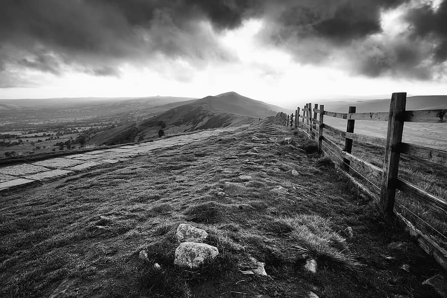 Peak District, Wooden Fence, Landscape, Countryside, Nature, Black And White, Sunrise, Valley, Clouds, Peaks, Hills